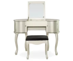 Kelly Silver Rounded Mirror Vanity Set With Stool -Walker Edison Shop 810389505 3