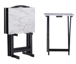 Davis White Faux Marble Tray Tables With Stand, 5-Piece Set -Walker Edison Shop 810389673 A0 1