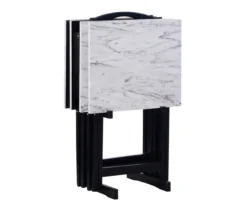 Davis White Faux Marble Tray Tables With Stand, 5-Piece Set -Walker Edison Shop 810389673 A0 3