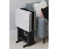 Davis White Faux Marble Tray Tables With Stand, 5-Piece Set -Walker Edison Shop 810389673 B0 2