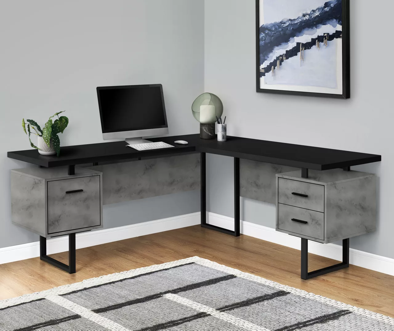 Faux Concrete & Black 3-Drawer L-Shaped Corner Desk 2 Faux Concrete & Black 3-Drawer L-Shaped Corner Desk - Image 2