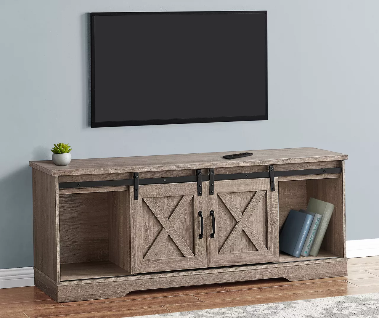 59" Dark Taupe Wood Look Sliding Barn Door TV Stand 2 59" Dark Taupe Wood Look Sliding Barn Door TV Stand - Image 2