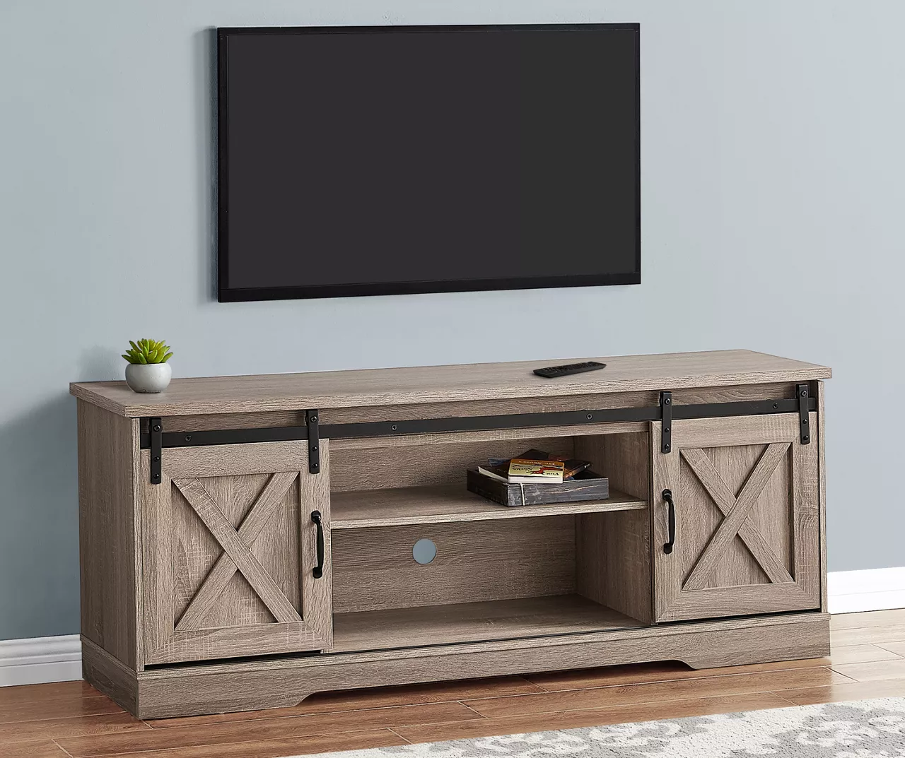 59" Dark Taupe Wood Look Sliding Barn Door TV Stand 3 59" Dark Taupe Wood Look Sliding Barn Door TV Stand - Image 3