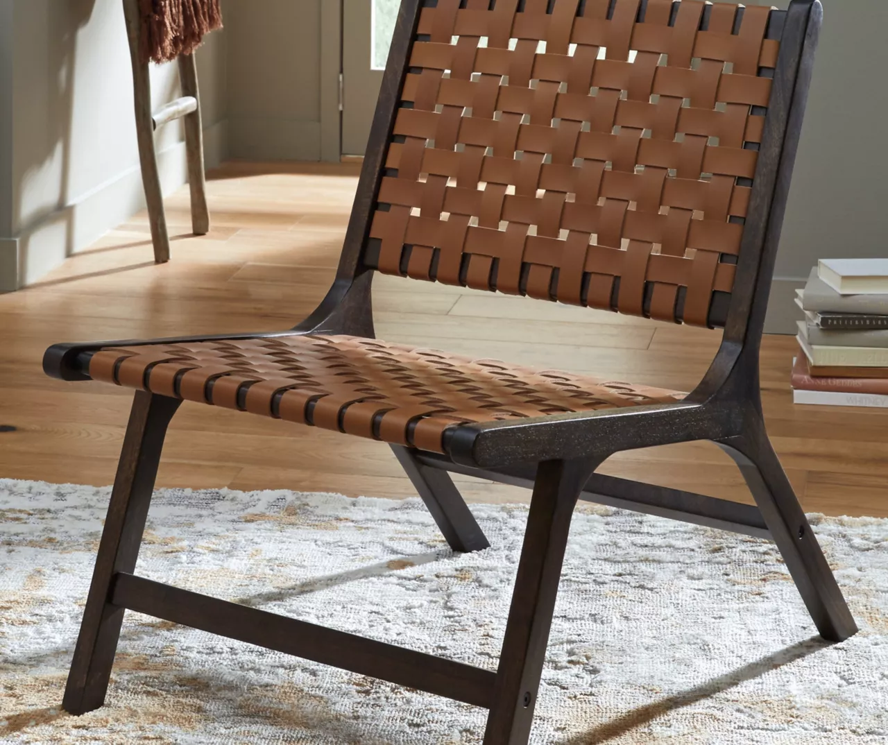 Fayme Camel Armless Leather Woven-Back Lounge Chair 2 Fayme Camel Armless Leather Woven-Back Lounge Chair - Image 2