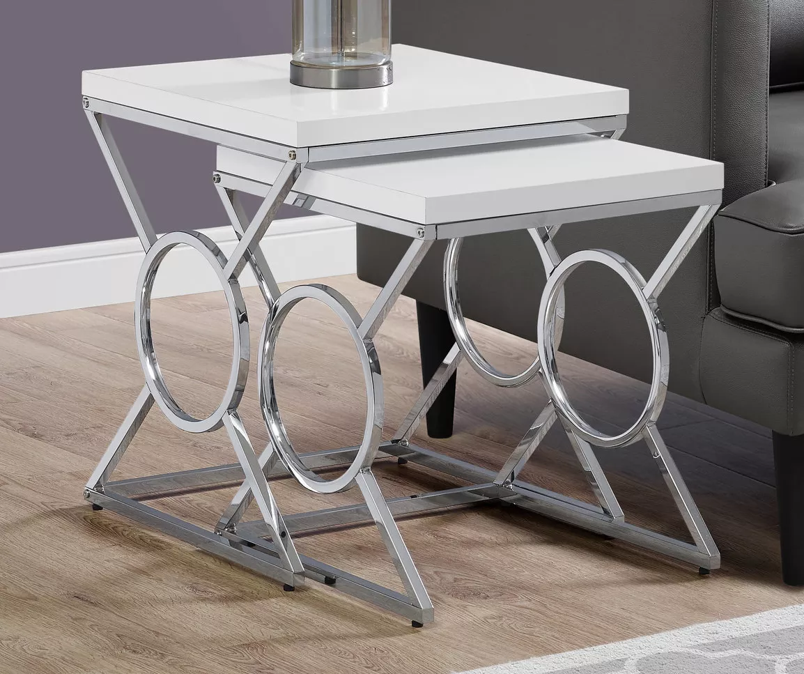 Glossy White Chrome Metal 2-Piece Nesting Table Set 2 Glossy White Chrome Metal 2-Piece Nesting Table Set - Image 2