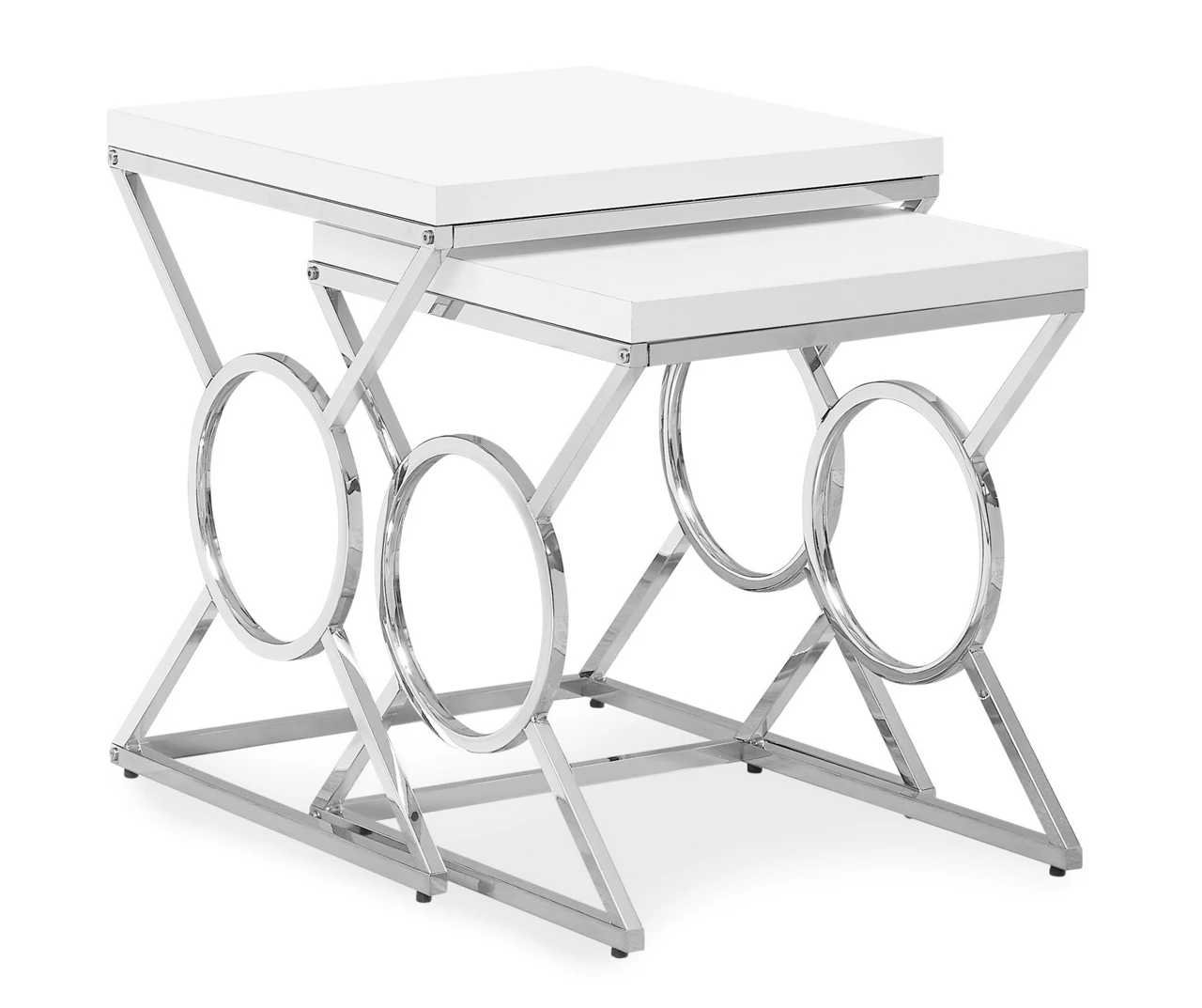 Glossy White Chrome Metal 2-Piece Nesting Table Set 1 Glossy White Chrome Metal 2-Piece Nesting Table Set