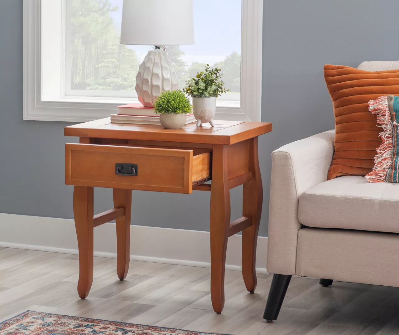 Denver Antique Pine 1-Drawer Curved Leg End Table 3 Denver Antique Pine 1-Drawer Curved Leg End Table - Image 3