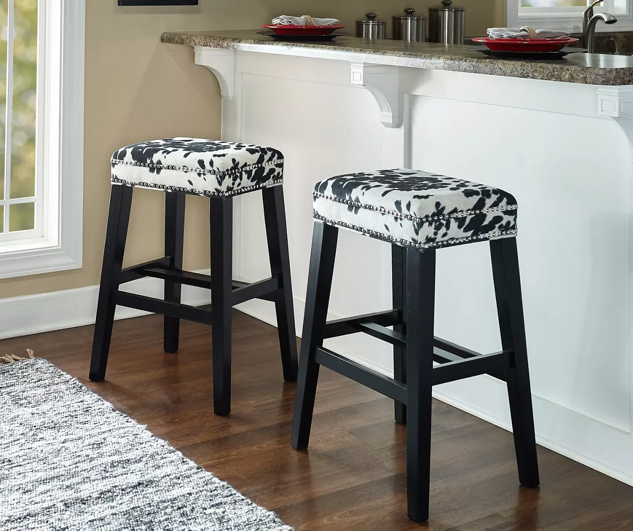 Baldwin White & Black Cow Print Nailhead Bar Stool 3 Baldwin White & Black Cow Print Nailhead Bar Stool - Image 3
