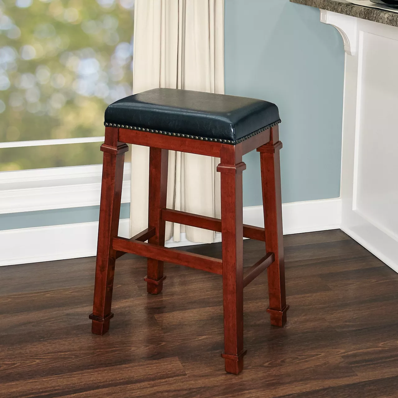 Clark Dark Cherry & Black Upholstered Faux Leather Backless Bar Stool 2 Clark Dark Cherry & Black Upholstered Faux Leather Backless Bar Stool - Image 2