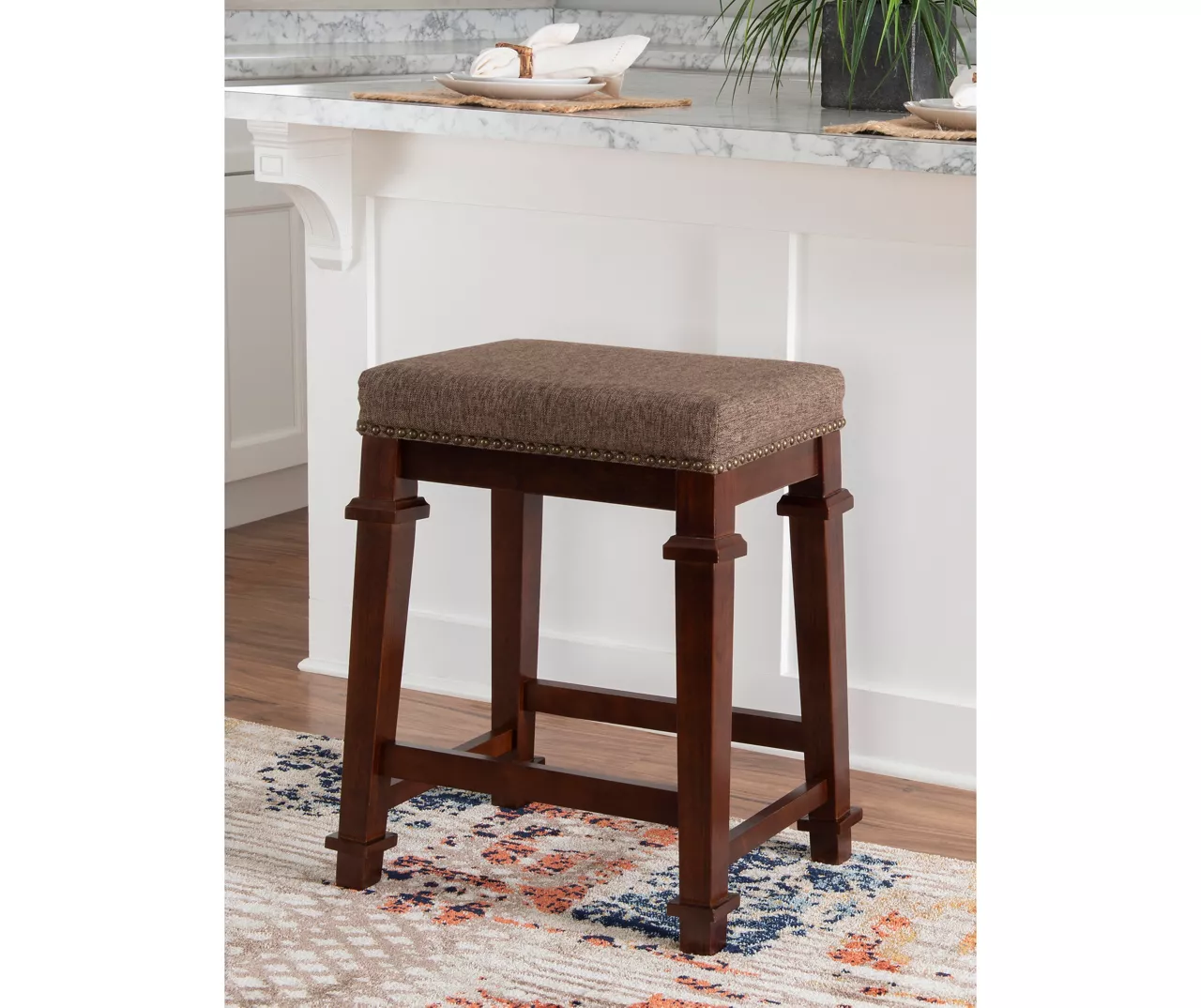 Clark Walnut & Light Brown Upholstered Tweed Backless Counter Stool 2 Clark Walnut & Light Brown Upholstered Tweed Backless Counter Stool - Image 2