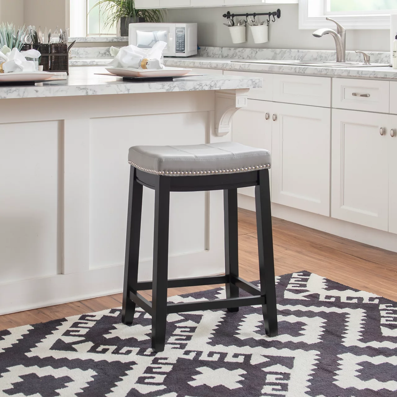 Brooke Gray & Black Faux Leather Backless Padded Counter Stool 2 Brooke Gray & Black Faux Leather Backless Padded Counter Stool - Image 2