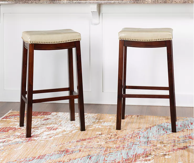 Brooke Beige & Dark Brown Faux Leather Backless Padded Bar Stool 2 Brooke Beige & Dark Brown Faux Leather Backless Padded Bar Stool - Image 2