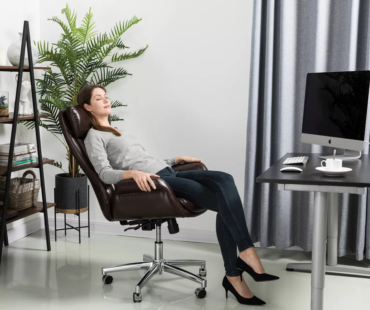 Dark Brown Mid-Century Modern Faux Leather Executive Office Chair 3 Dark Brown Mid-Century Modern Faux Leather Executive Office Chair - Image 3