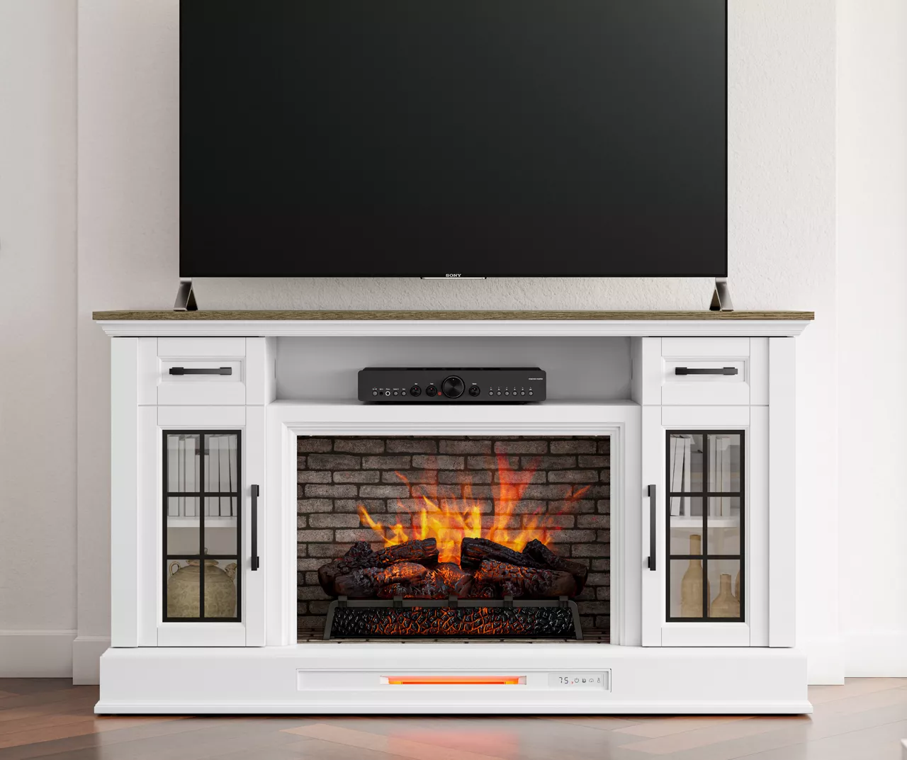 60" White 2-Door Electric Fireplace Console 2 60" White 2-Door Electric Fireplace Console - Image 2